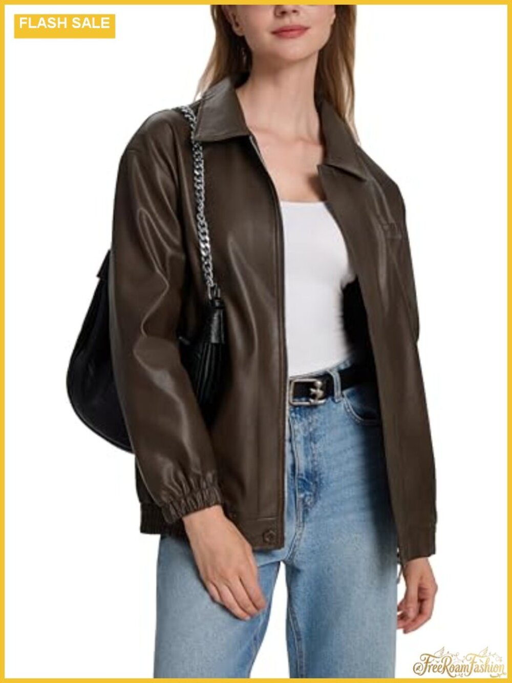 Faux Leather Bomber Jacket Oversize Zip Up Aviator Coat Women